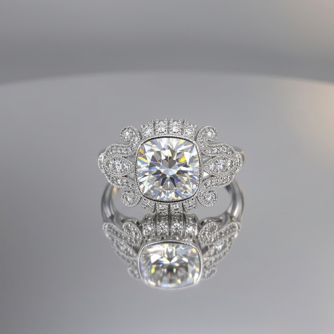 2.5 ct Cushion Cut Lab-Grown Diamond Ring | Vintage Milgrain Style | 14K Gold