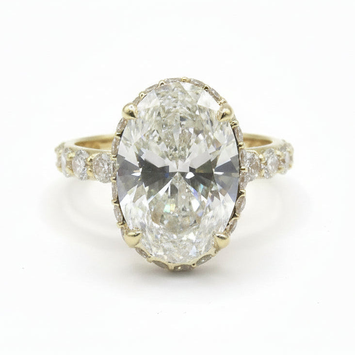 3.11 Carat Oval Lab Diamond Engagement Ring in 14K Yellow Gold, D Color VVS-SI, with Pavé Diamond Band