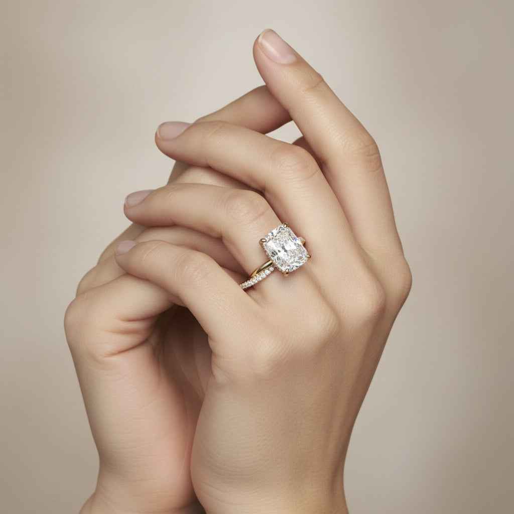 18K Yellow Gold Twisted Band Engagement Ring | Hidden Halo | 4ct Cushion Diamond