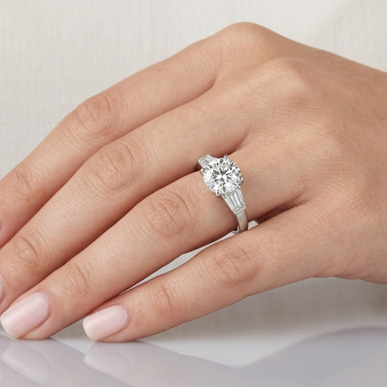Round Diamond & Baguette Engagement Ring, 18K White Gold