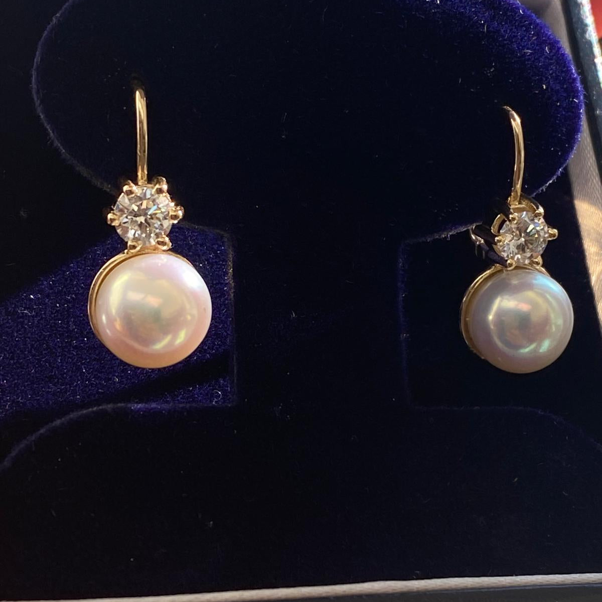 8.5 - 9.0 mm Cultured Freshwater Pearl and 1ctw Lab Grown Diamond Leverback Drop Earrings - Diamond Earrings