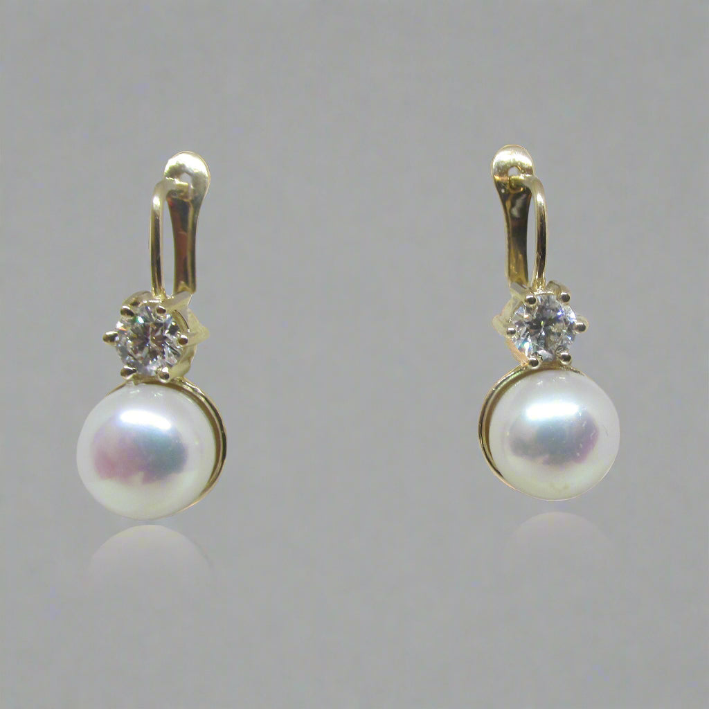 8.5 - 9.0 mm Cultured Freshwater Pearl and 1ctw Lab Grown Diamond Leverback Drop Earrings - Diamond Earrings