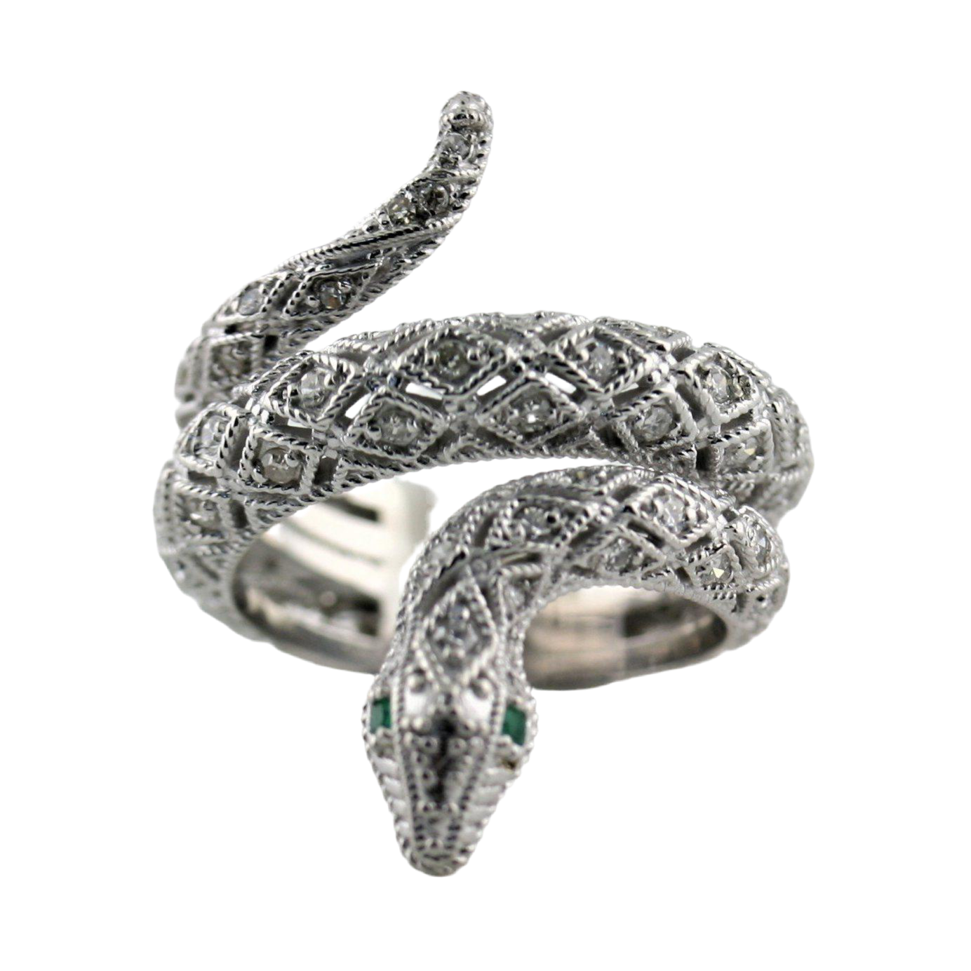 Diamond Emerald Accents Snake Ring 14K White Gold - Thenetjeweler