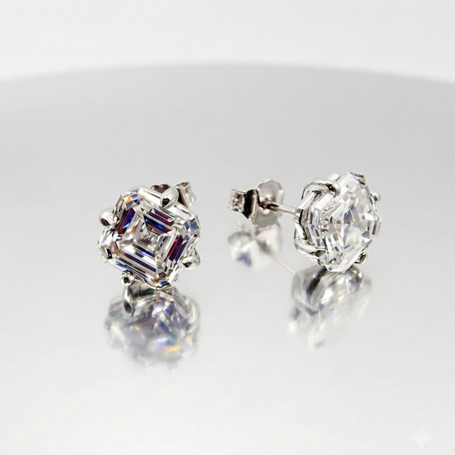 Asscher cut lab-grown diamond stud earrings in 14K white gold, 2.0 and 2.5 ctw options, F color VS1 clarity, handcrafted in Montreal