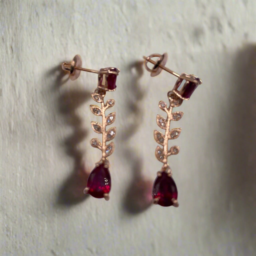Lab Ruby and Diamond Floral Necklace Earrings Set 14k Gold