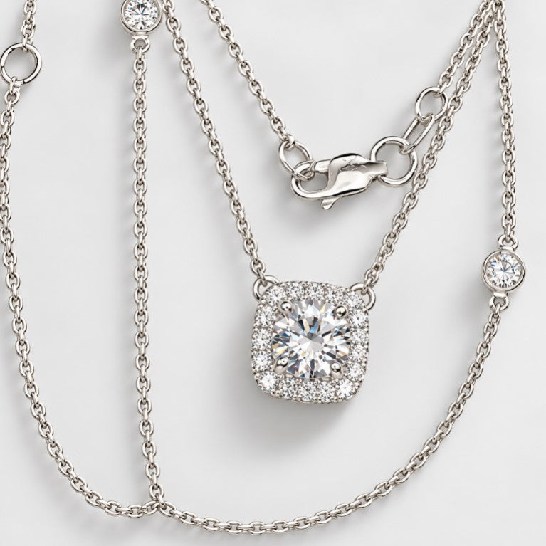 Cushion Halo Diamond station Necklace in 18K Gold