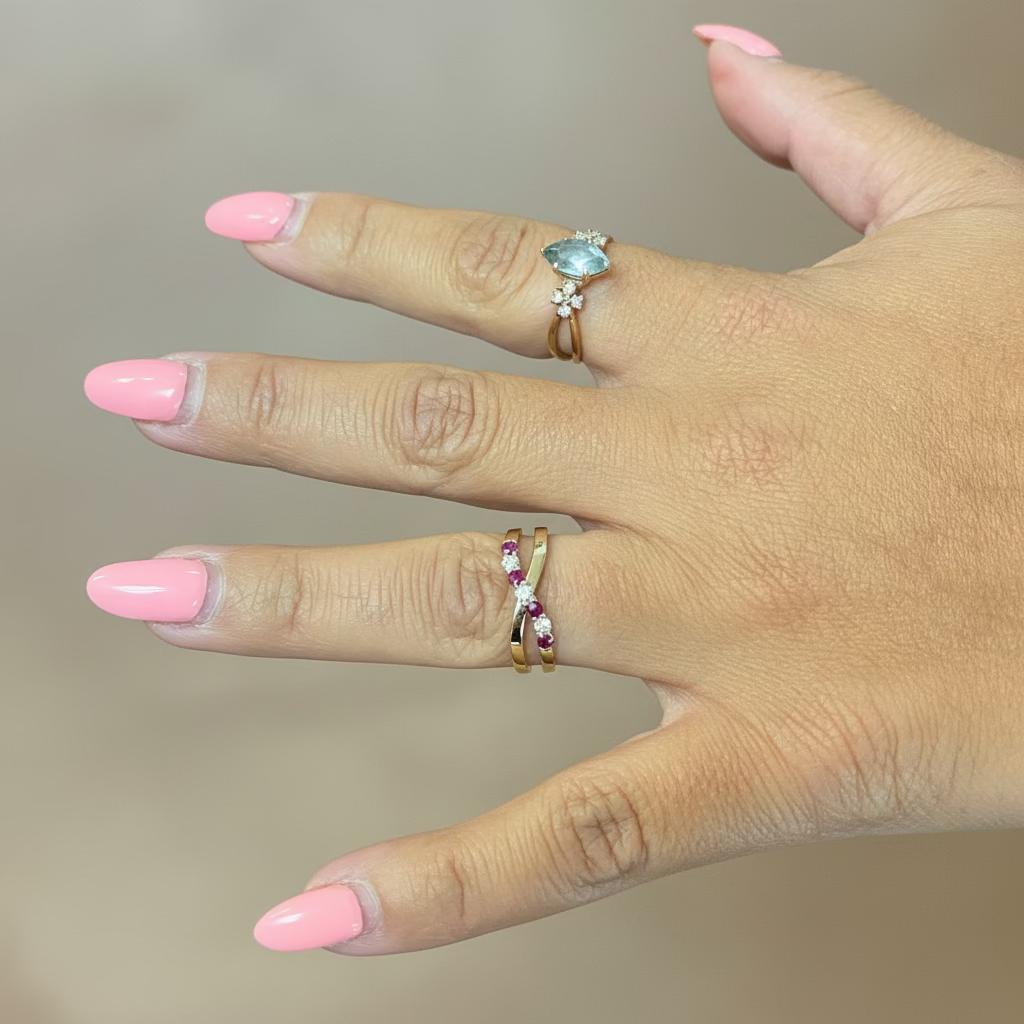 Lab Ruby and Diamond Crossover Ring in 14K Yellow Gold - alternating rubies and diamonds in crisscross design - Thenetjeweler