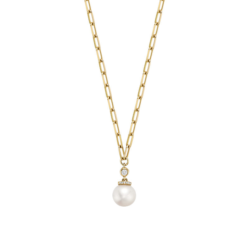 Cultured Pearl & Diamond Drop Necklace on Paper Clip Chain - Thenetjeweler