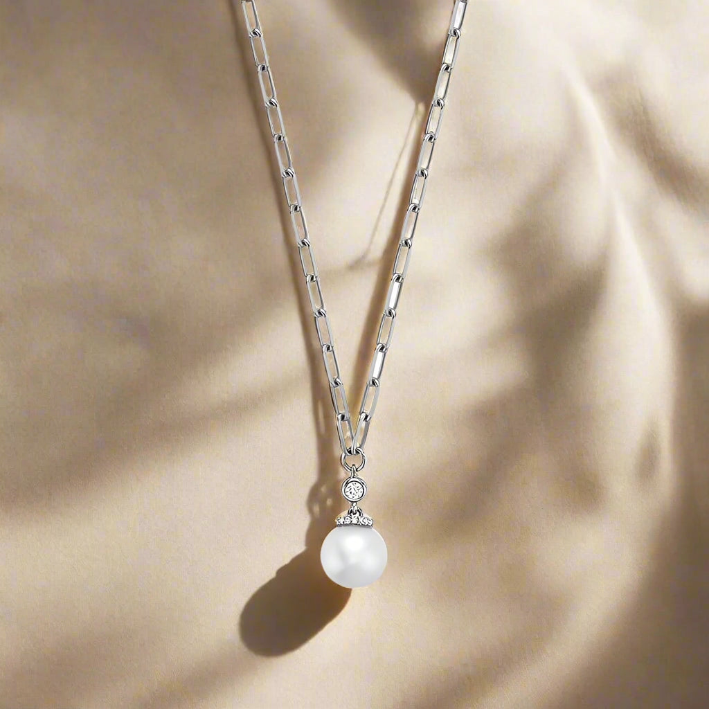 Cultured Pearl & Diamond Drop Necklace on Paper Clip Chain - Thenetjeweler