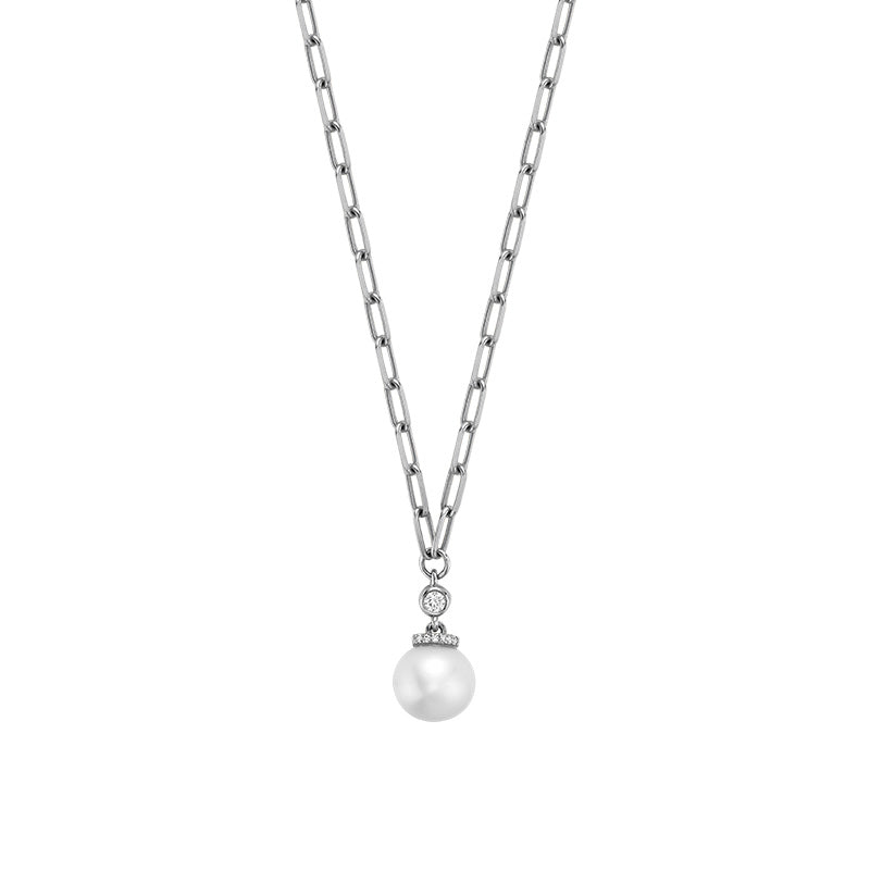 Cultured Pearl & Diamond Drop Necklace on Paper Clip Chain - Thenetjeweler