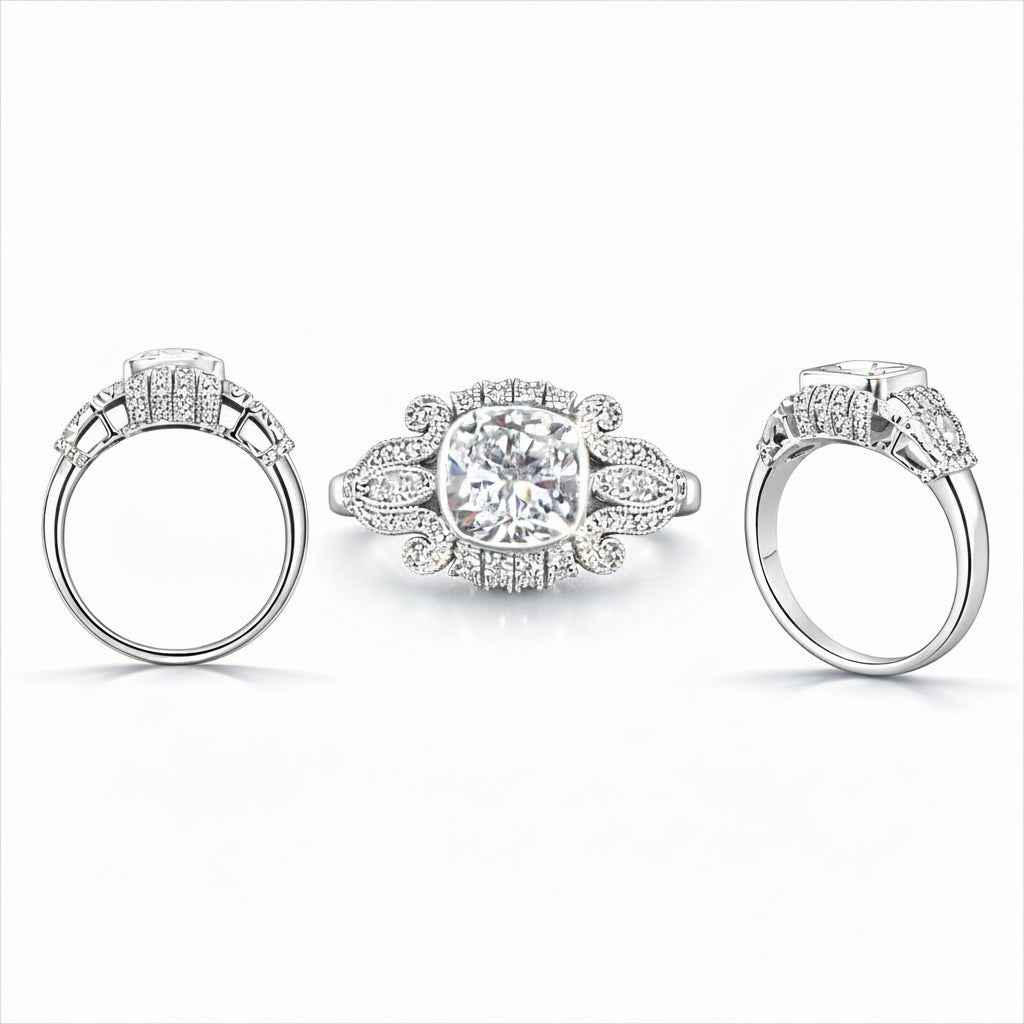 2.5 ct Cushion Cut Lab-Grown Diamond Ring | Vintage Milgrain Style | 14K Gold