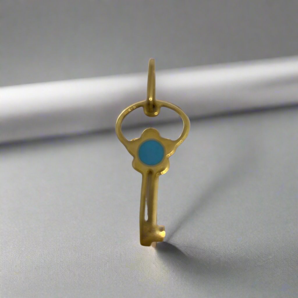 14K Yellow Gold Blue Enamel Flower Key Pendant