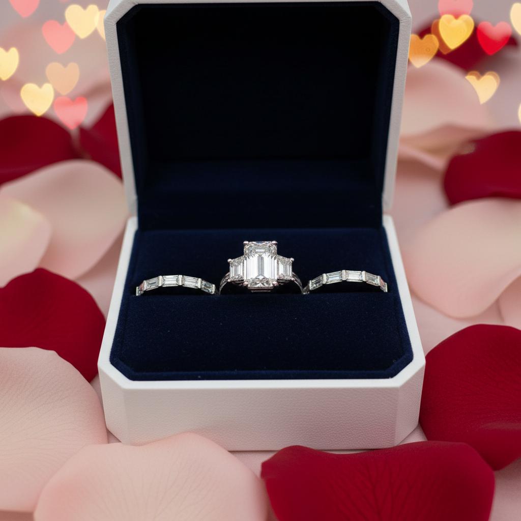 The Heritage Emerald & Baguette Bridal Stack – 18K White Gold