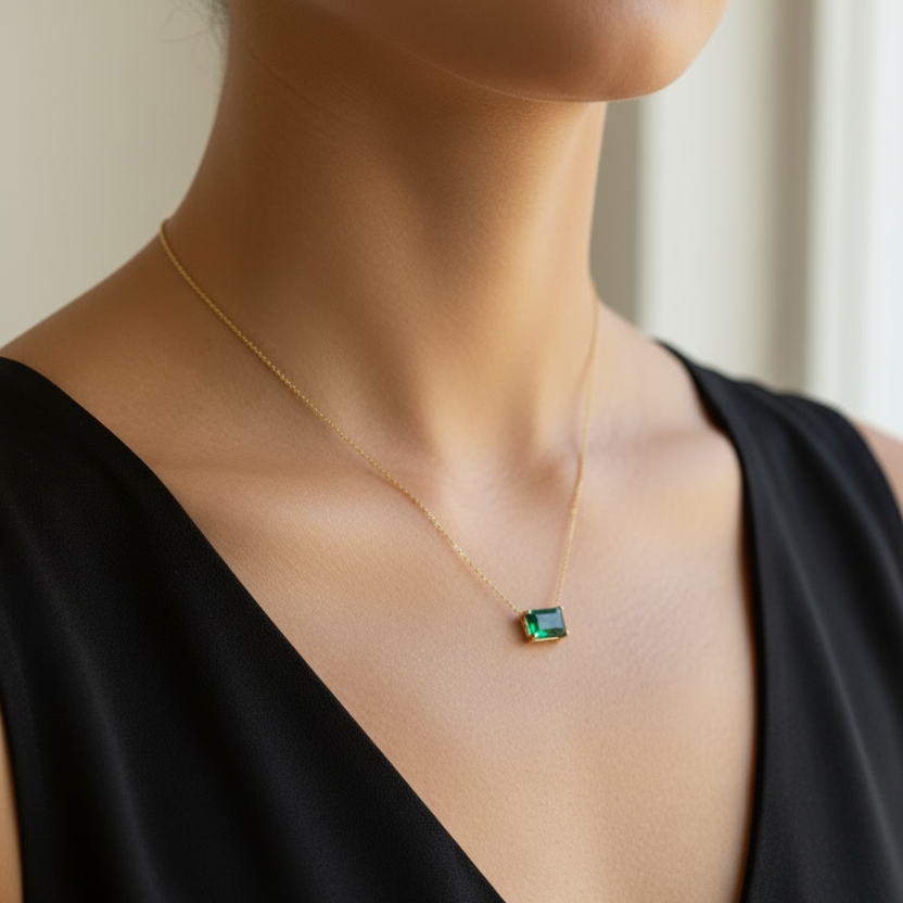 Emerald Cut Emerald Necklace 14K Gold - Thenetjeweler