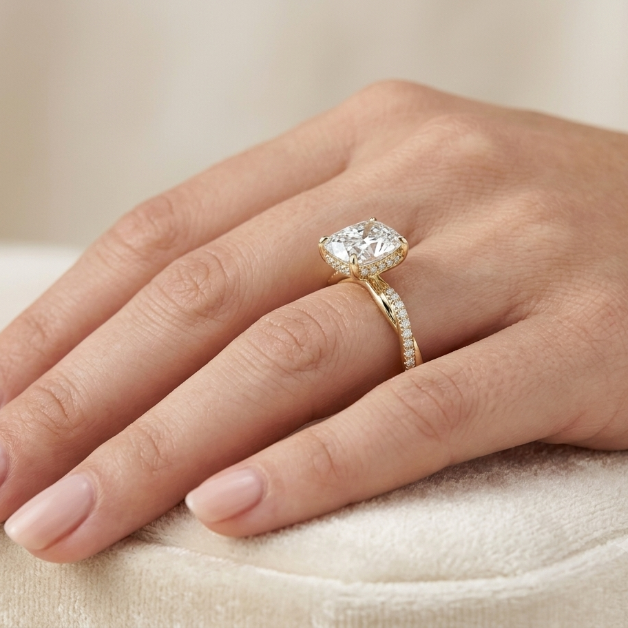 create image of this Engagement Ring -Hidden Halo - 4ct Cushion Diamond on hand