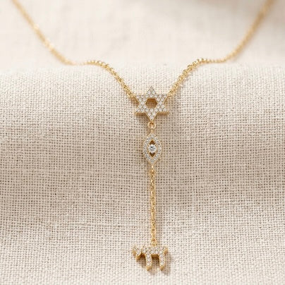 14k Gold Diamond Star of David & Chai Lariat Necklace | Evil Eye Y-Drop Pendant