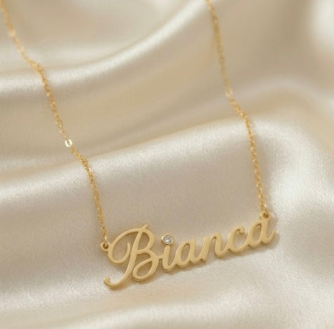 Bianca Name Necklace – 10K, 14K Yellow Gold with Lab-Grown Diamond Accent