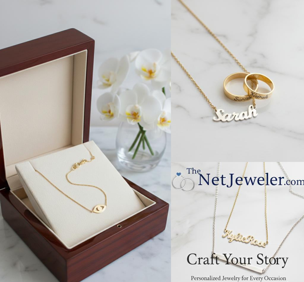 Gold necklace with 'Sarah' nameplate in a jewelry box