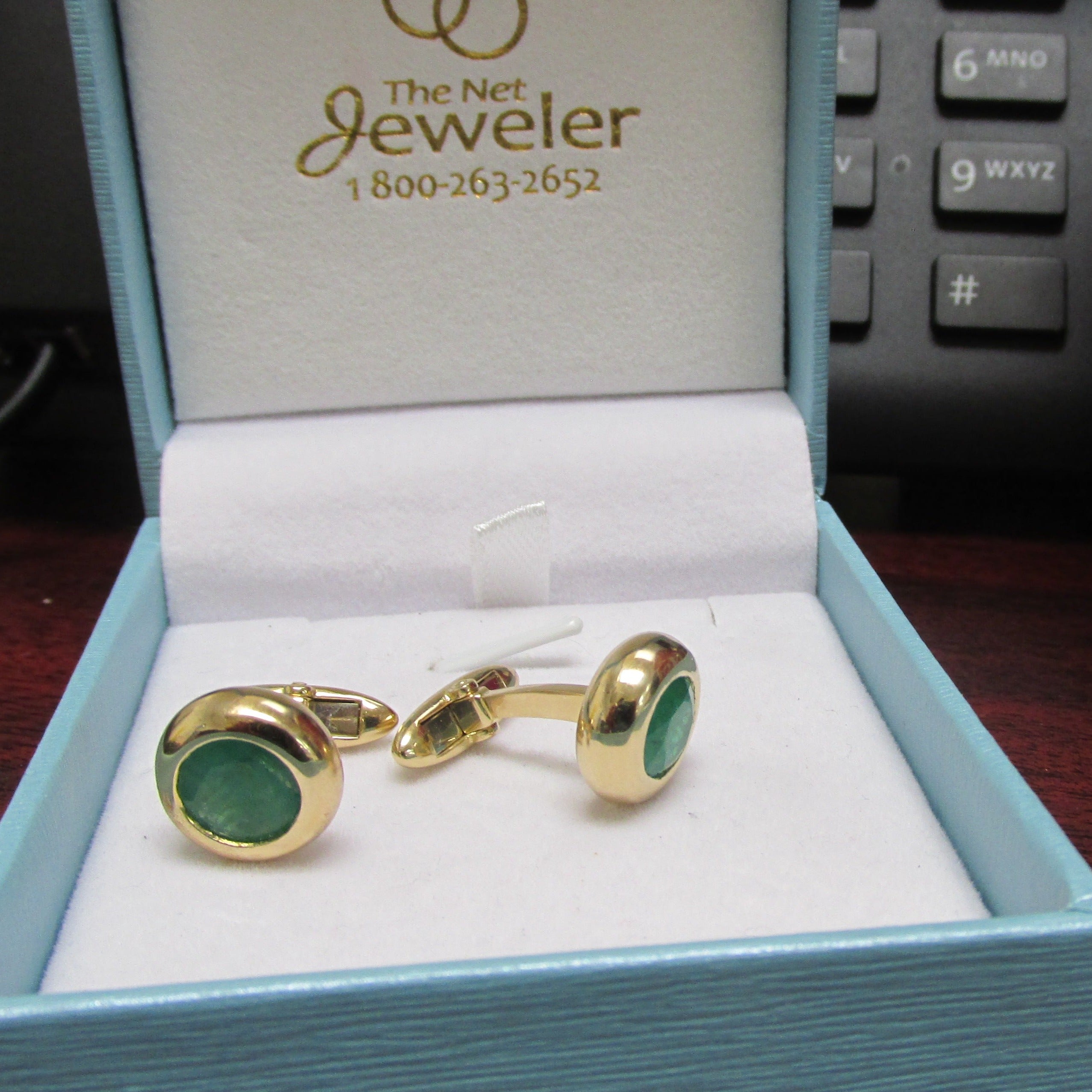 Round Cufflinks with Emeralds - Thenetjeweler