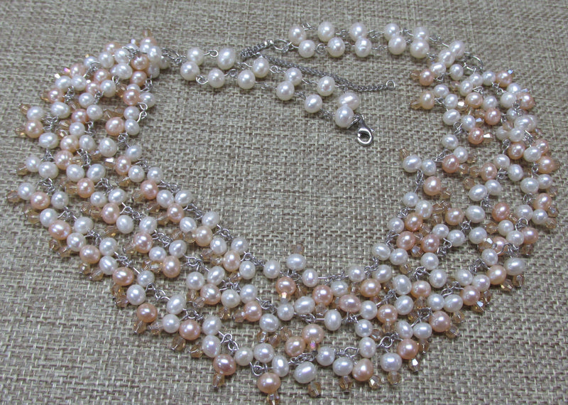 Multi-strand freshwater pearl necklace with rhinestones - Thenetjeweler