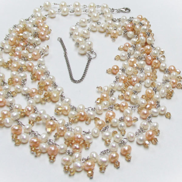 Multi-strand freshwater pearl necklace with rhinestones - Thenetjeweler