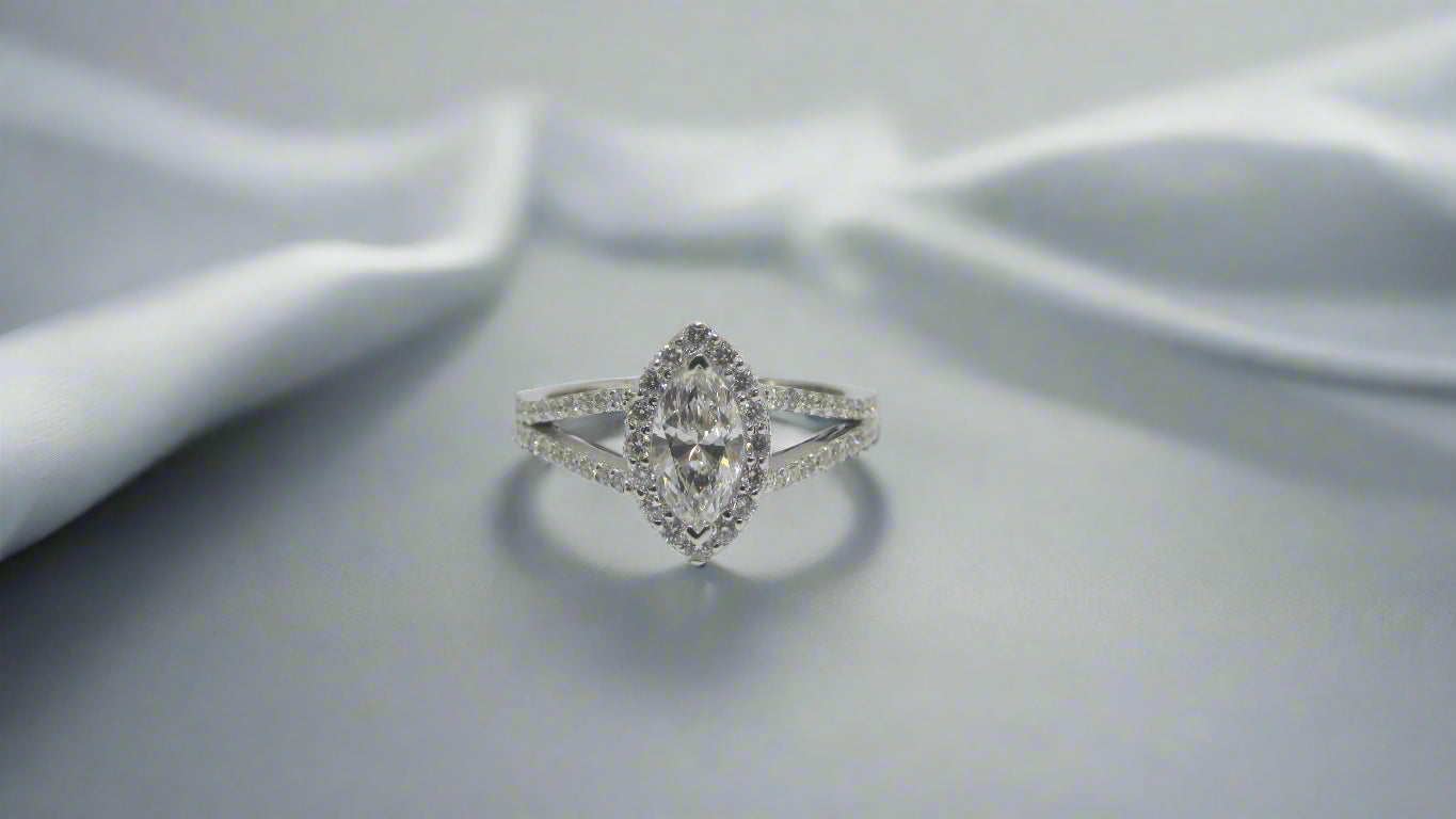 Marquise Diamond Engagement Ring with Split Band Halo Design -