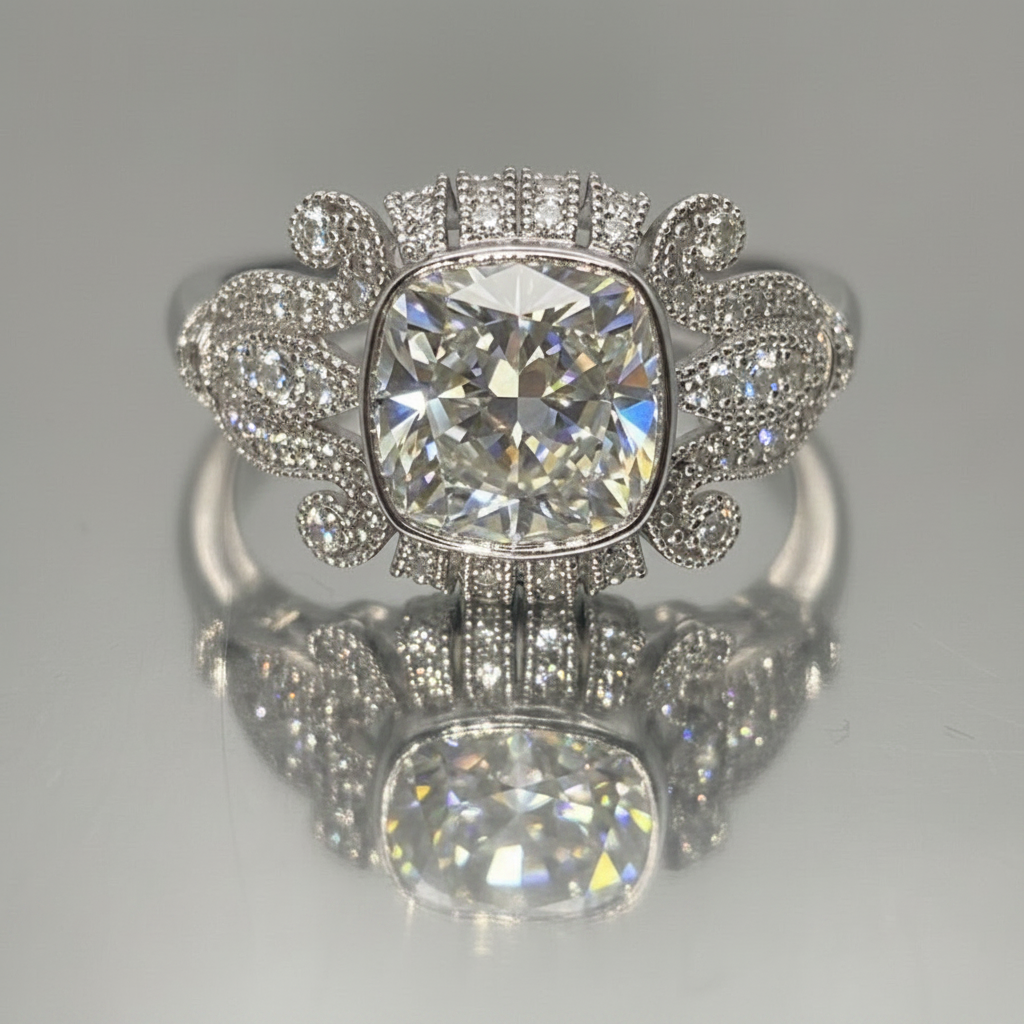 2.5 ct Cushion Cut Lab-Grown Diamond Ring | Vintage Milgrain Style | 14K Gold