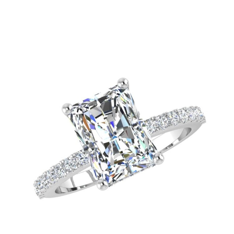 Elongated Cushion Diamond Side Stones Hidden Halo Engagement Ring - TheNetJeweler