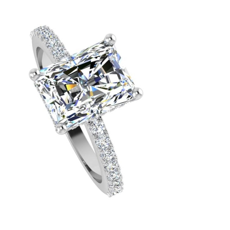 Elongated Cushion Diamond Side Stones Hidden Halo Engagement Ring - TheNetJeweler