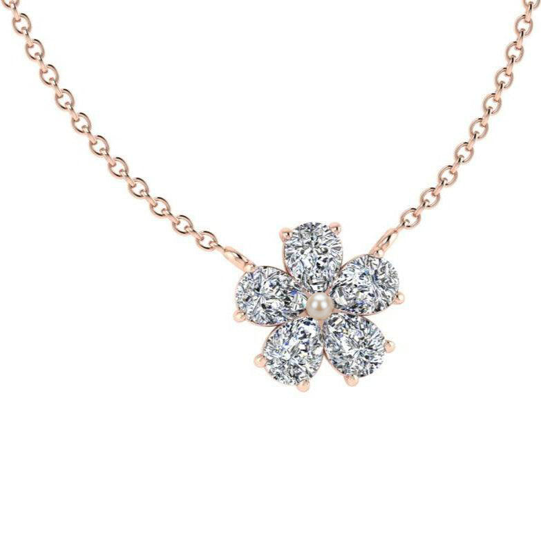 Five Petal Diamond Flower Necklace with Pearl, 14K Gold