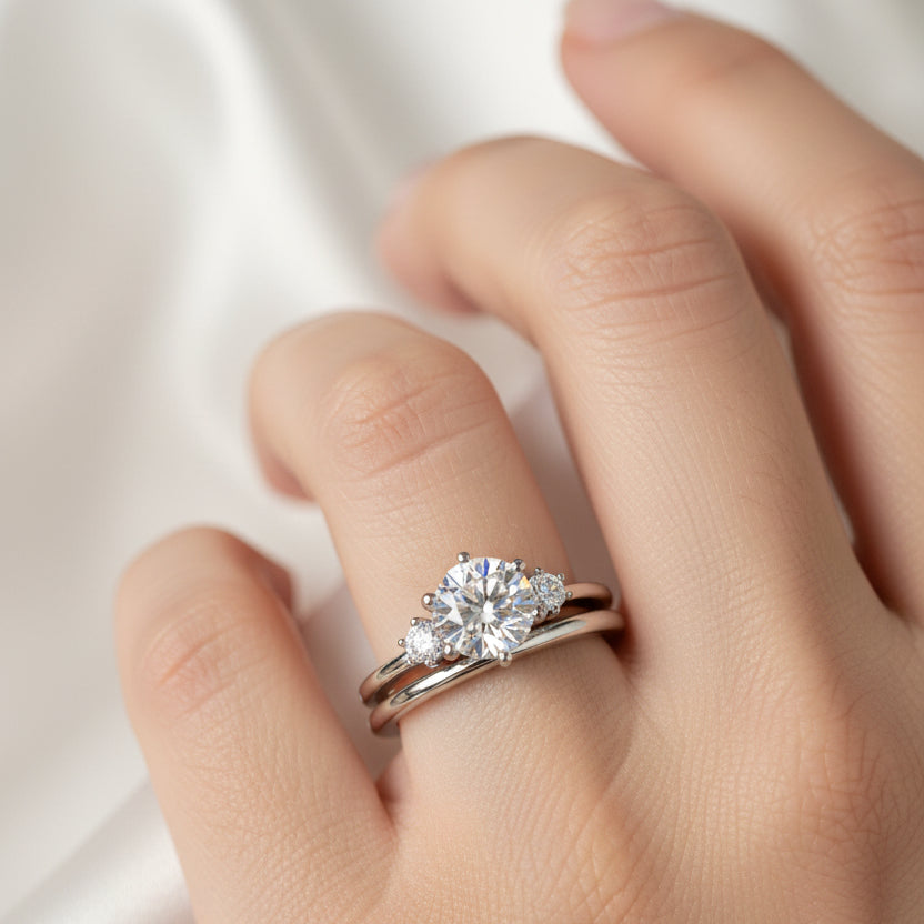 Round Diamond 3-Stone Engagement Ring & Wedding Band Set - Thenetjeweler