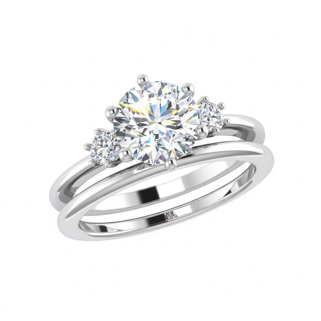 Round Diamond 3-Stone Engagement Ring & Wedding Band Set - Thenetjeweler