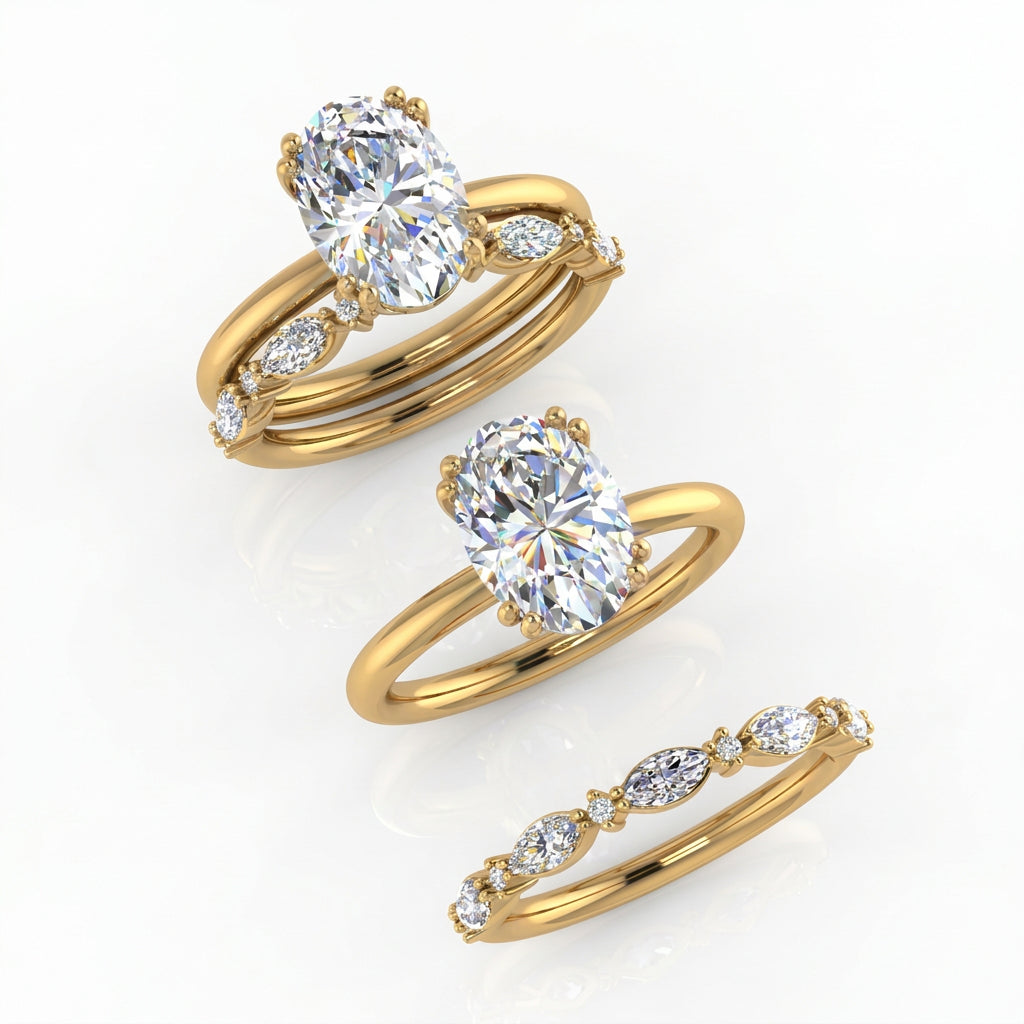 Diamond Dot Marquise Band with Oval Solitaire Ring - The Net Jeweler