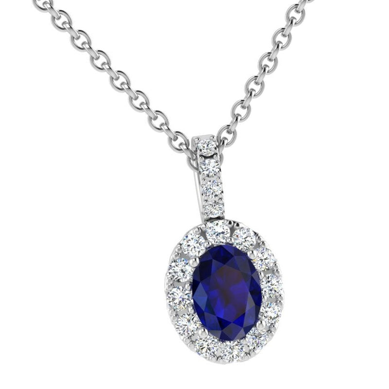 Oval Sapphire Diamond Halo Necklace - Thenetjeweler