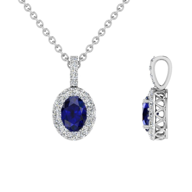 Oval Sapphire Diamond Halo Necklace - Thenetjeweler