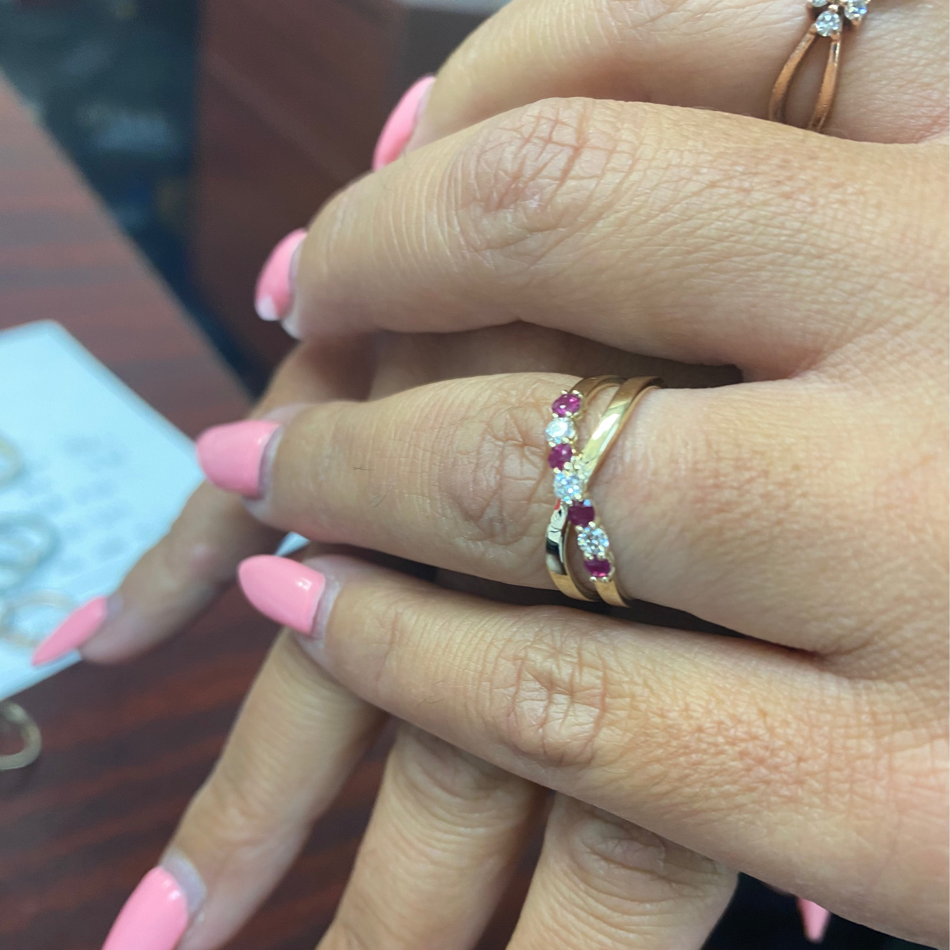 Lab Ruby and Diamond Crossover Ring in 14K Yellow Gold - alternating rubies and diamonds in crisscross design - Thenetjeweler