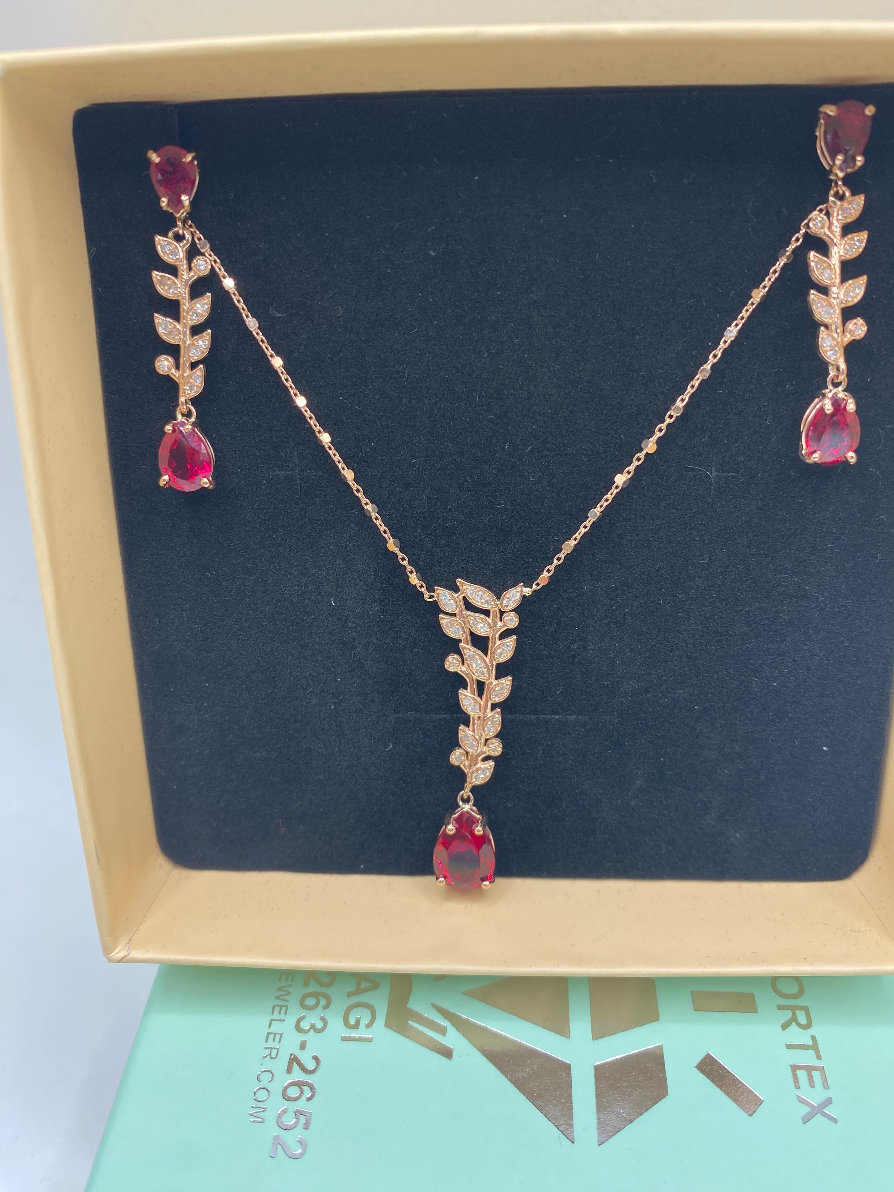 Lab Ruby and Diamond Floral Necklace Earrings Set 14k Gold - Thenetjeweler