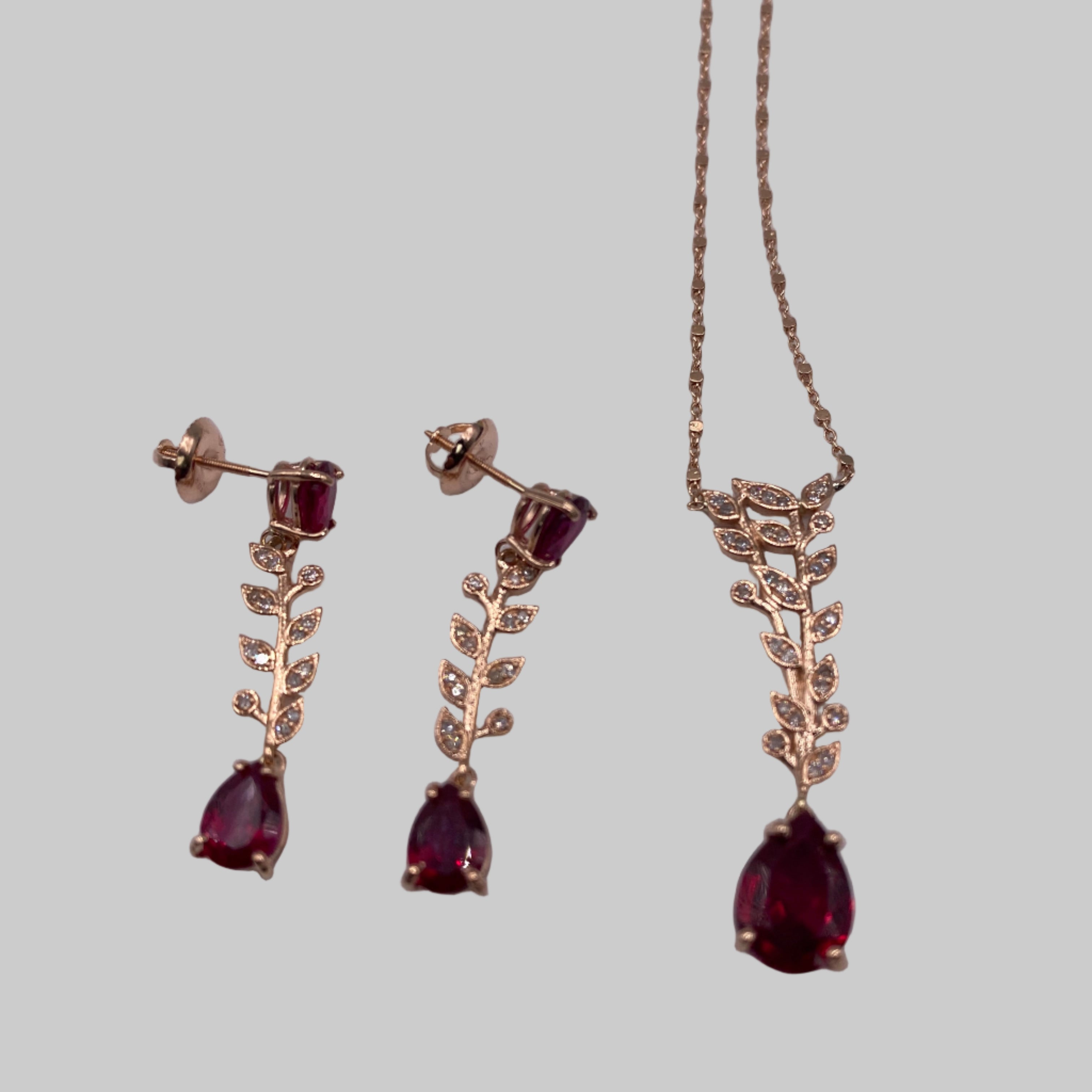 Lab Ruby and Diamond Floral Necklace Earrings Set 14k Gold - Thenetjeweler