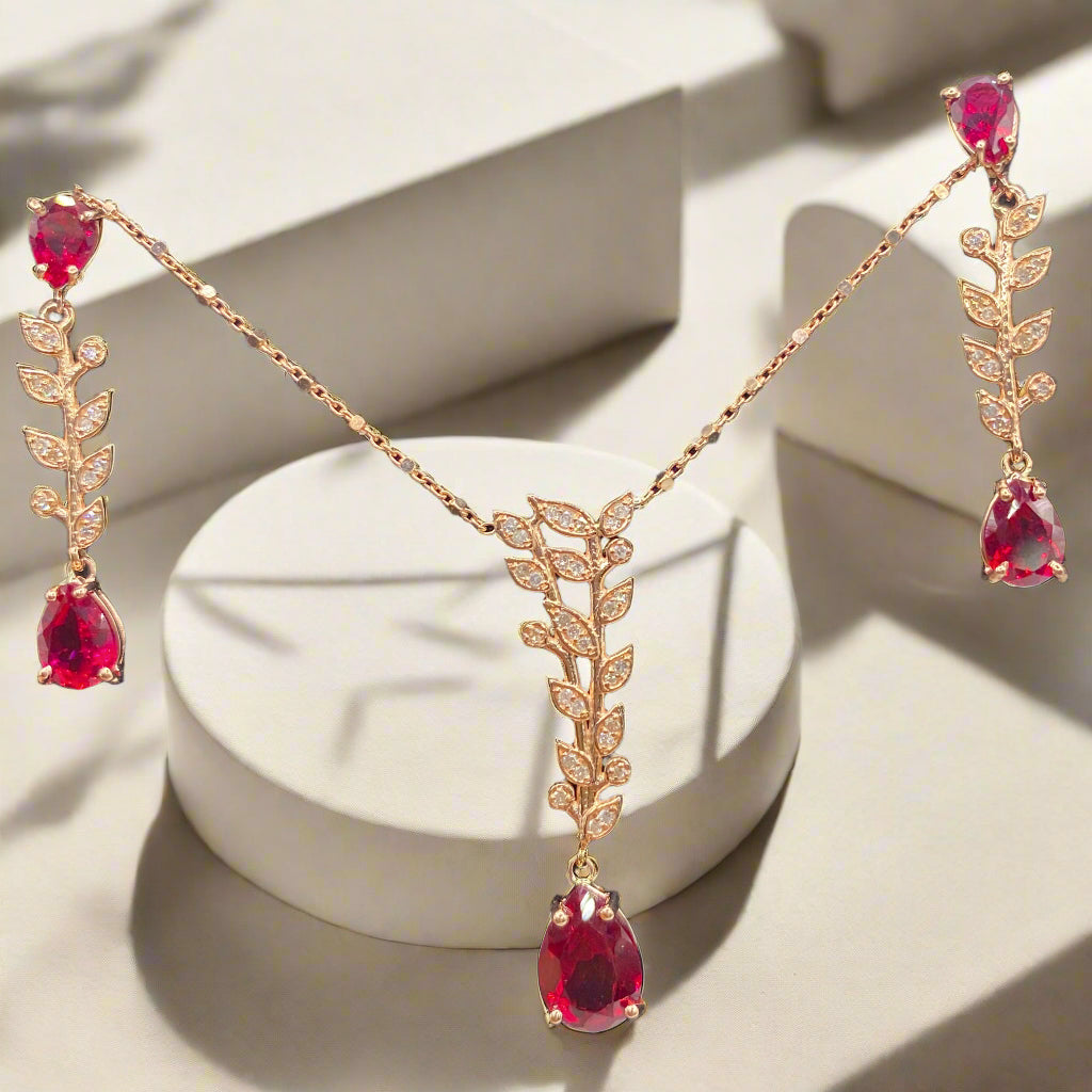 Lab Ruby and Diamond Floral Necklace Earrings Set 14k Gold - Thenetjeweler