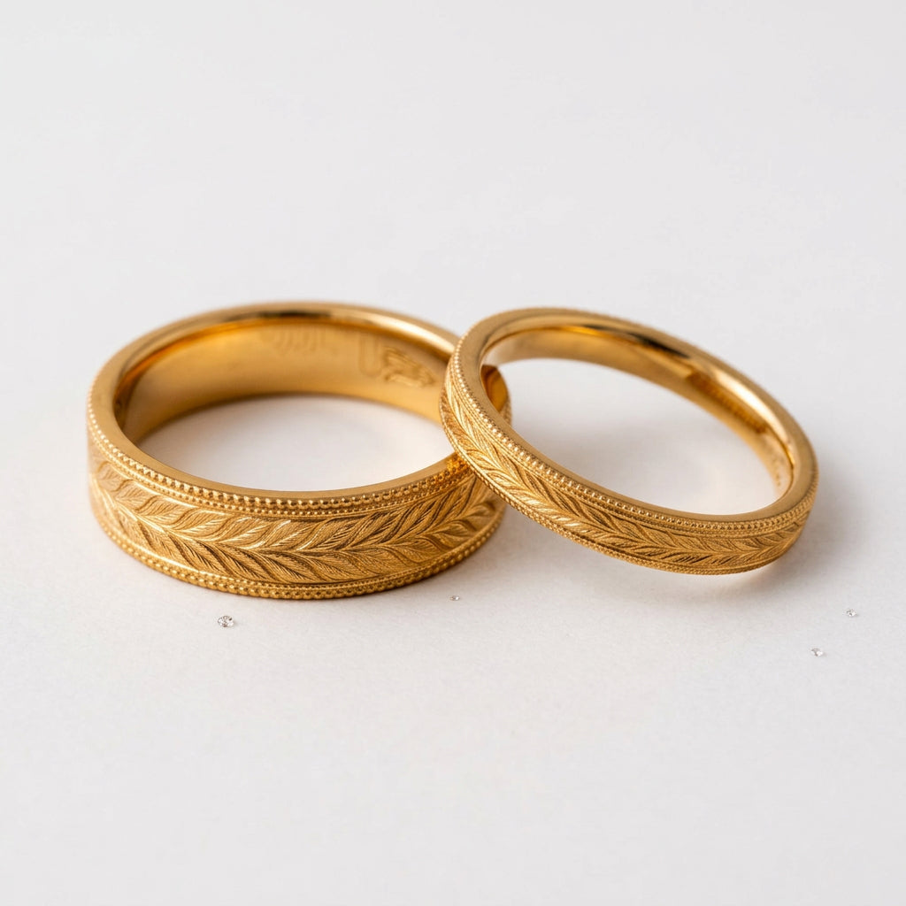Hand-Engraved Laurel Leaf & Milgrain Matching Wedding Bands - Thenetjeweler