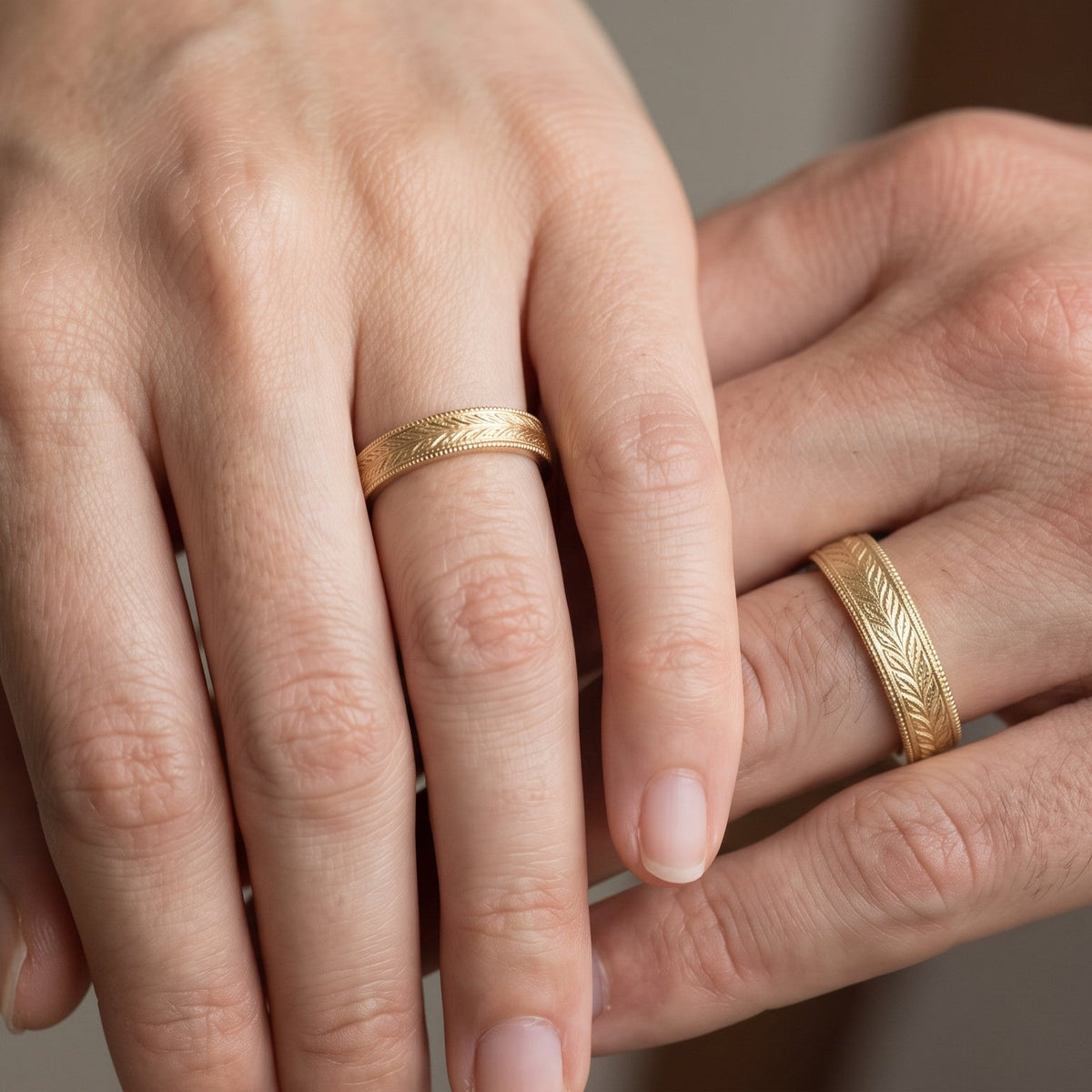 Hand-Engraved Laurel Leaf & Milgrain Matching Wedding Bands - Thenetjeweler