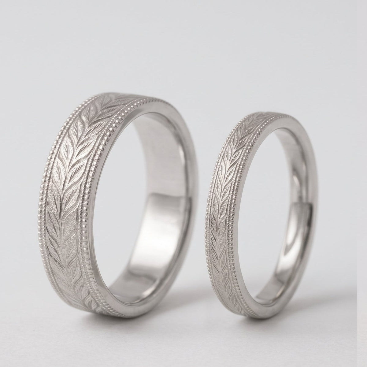 Hand-Engraved Laurel Leaf & Milgrain Matching Wedding Bands - Thenetjeweler