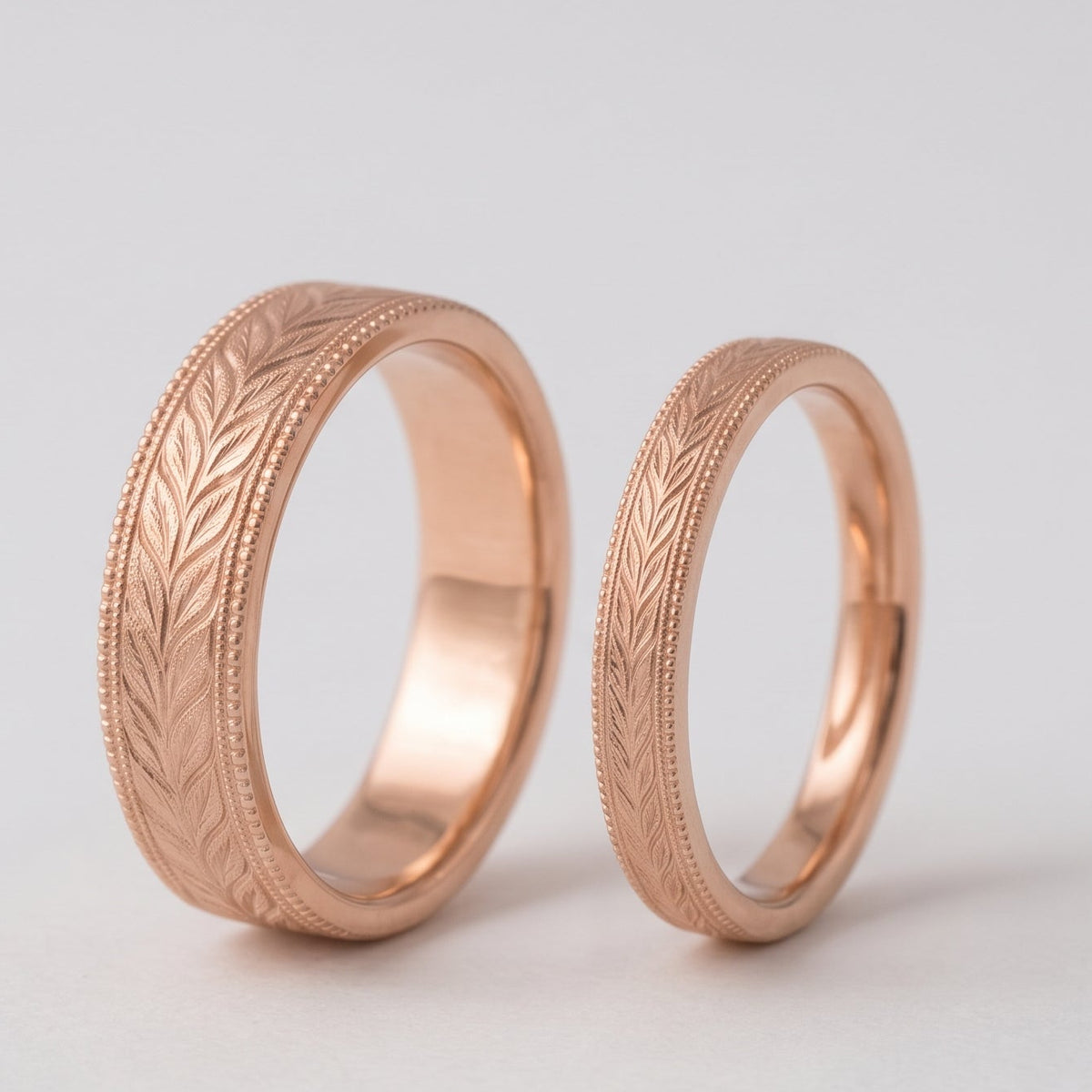 Hand-Engraved Laurel Leaf & Milgrain Matching Wedding Bands - Thenetjeweler