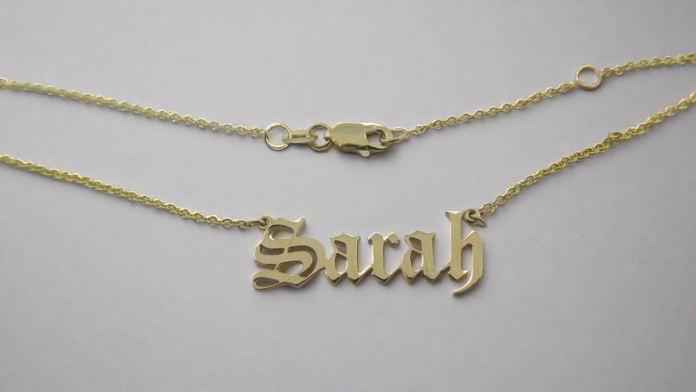 Sarah Style 14K Gold Old English Script Name Necklace - Thenetjeweler