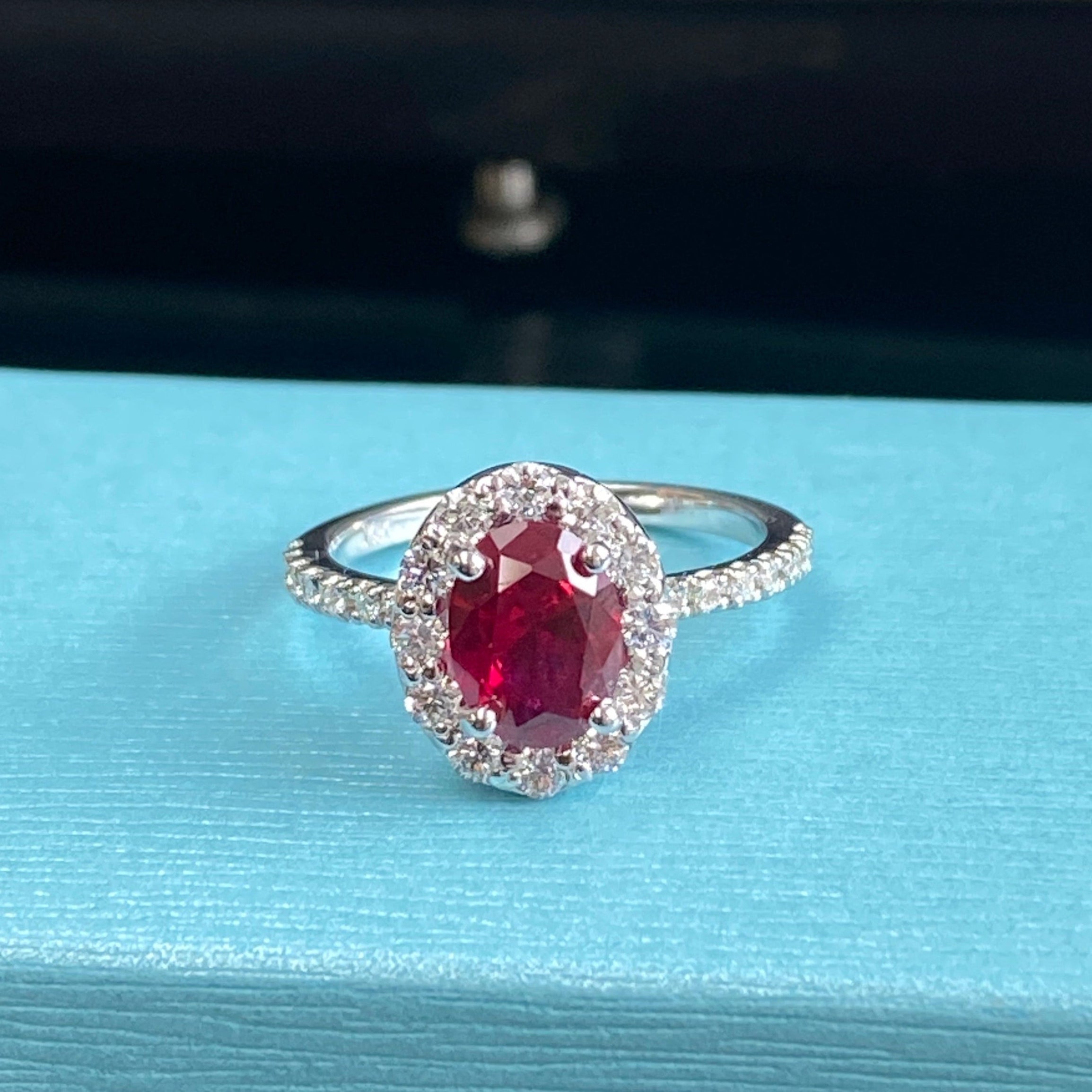 Oval Ruby Diamond Halo Engagement Ring - Thenjeweler