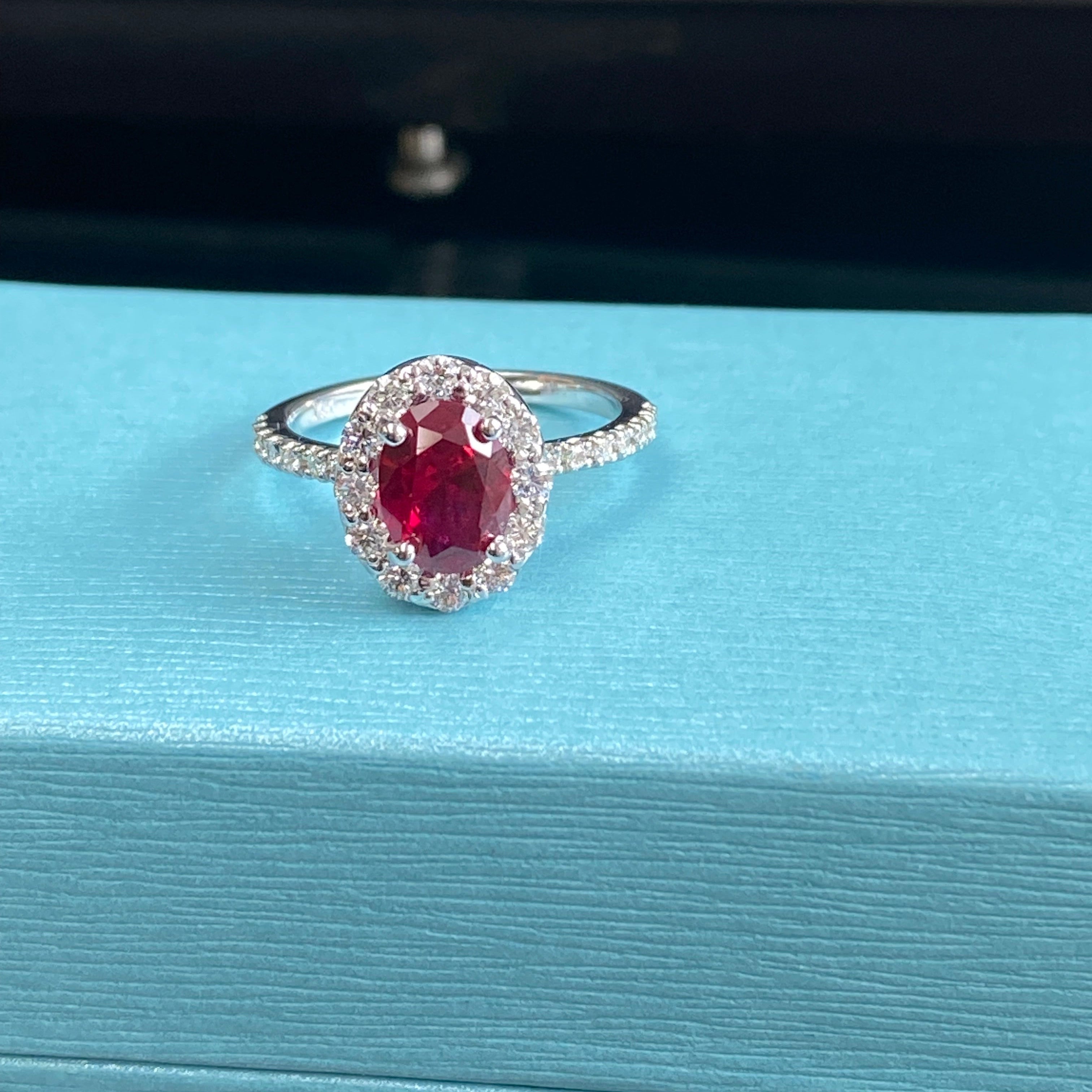 Oval Ruby Diamond Halo Engagement Ring - Thenjeweler