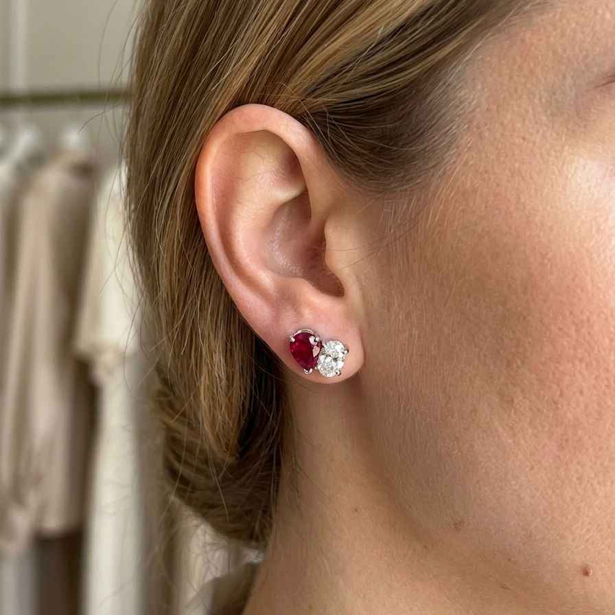 Pear Ruby & Oval Diamond Toi et Moi Stud Earrings – 14k White Gold