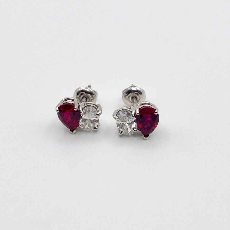 Pear Ruby & Oval Diamond Toi et Moi Stud Earrings – 14k White Gold