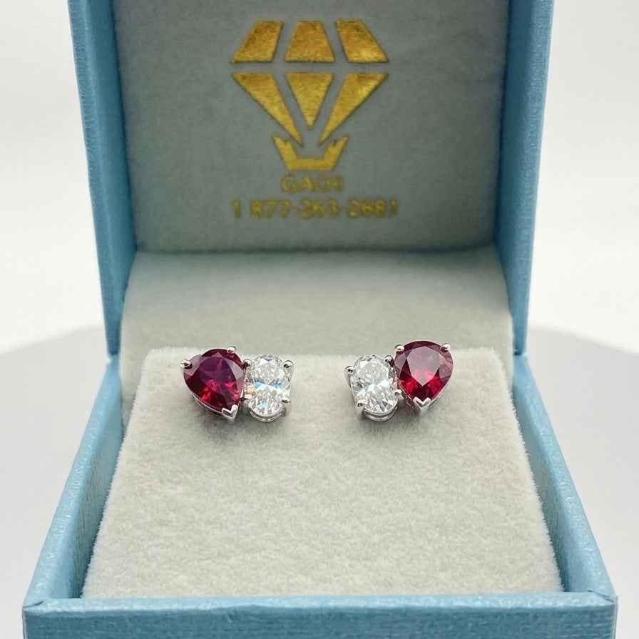 Pear Ruby & Oval Diamond Toi et Moi Stud Earrings – 14k White Gold