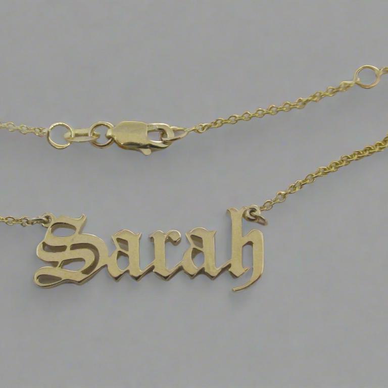 Sarah Style 14K Gold Old English Script Name Necklace - Thenetjeweler